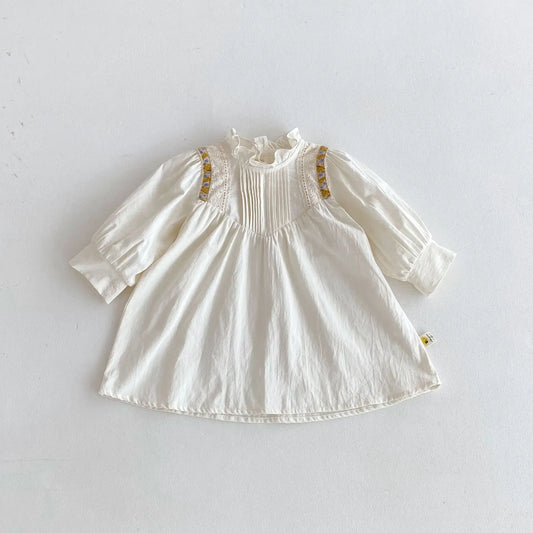 長袖ワンピース Apricot / 12M  80CM キッズワンピース フリルスタンドカラーショルダーチロリアン刺繍長袖ドレスワンピース アプリコット【mh0007004】