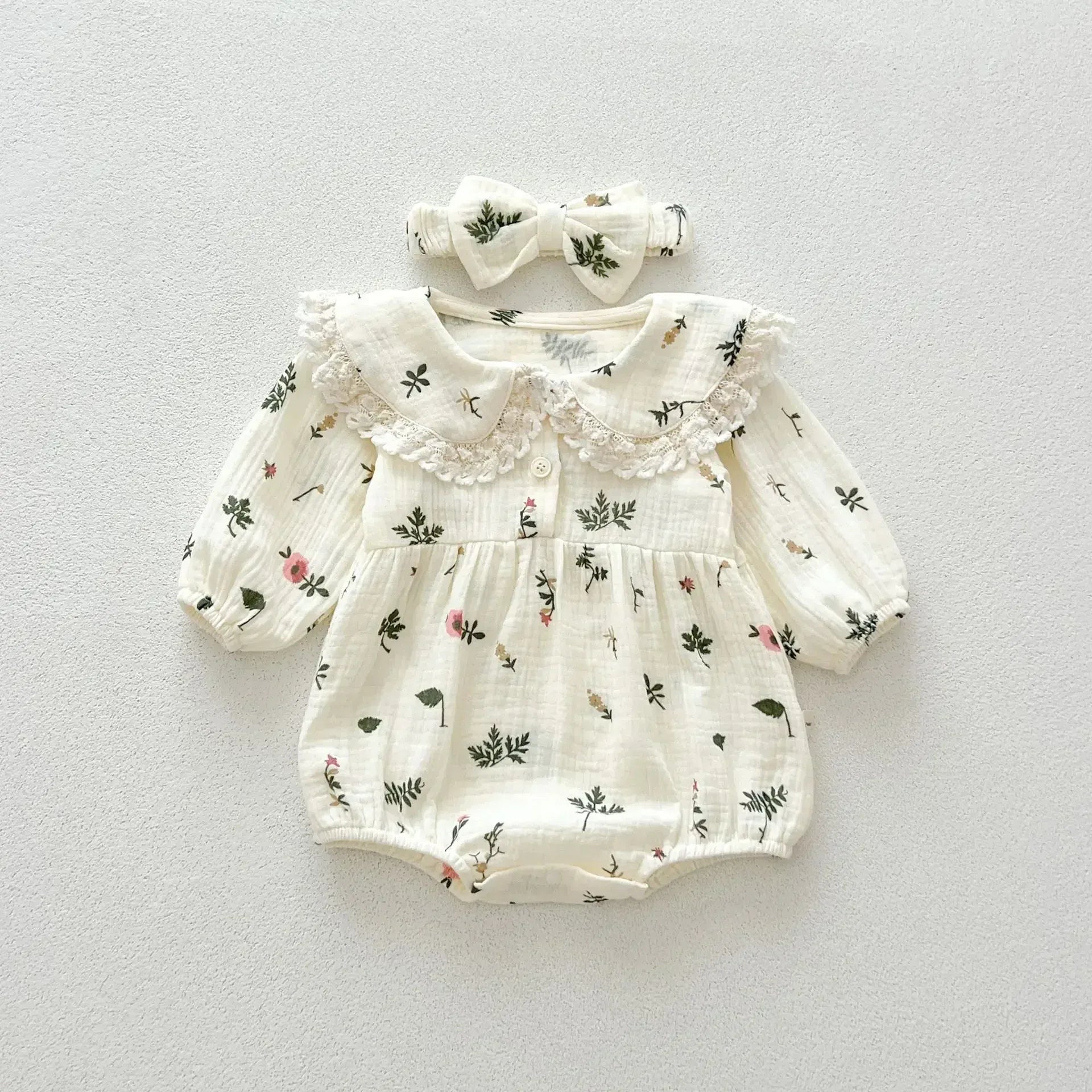 長袖ロンパース Apricot / 66cm 0-6m ベビーロンパース レース縁取り丸襟リーフフラワープリント長袖ボディスーツ+リボンヘアバンドセット アプリコット【mh0007393】