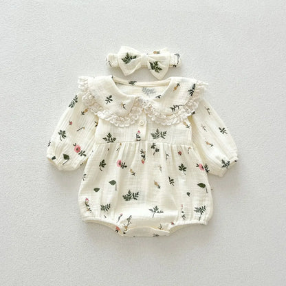 長袖ロンパース Apricot / 66cm 0-6m ベビーロンパース レース縁取り丸襟リーフフラワープリント長袖ボディスーツ+リボンヘアバンドセット アプリコット【mh0007393】