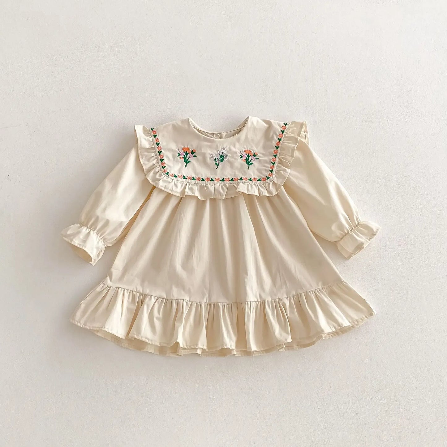 長袖ワンピース Apricot / 80cm 12M キッズワンピース ラッフルフリルフラワー刺繍長袖ワンピース【mh0008805】