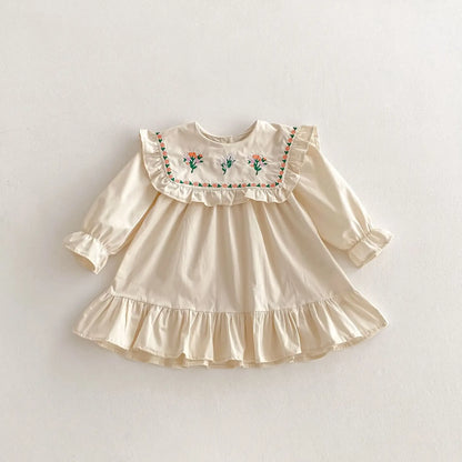 長袖ワンピース Apricot / 80cm 12M キッズワンピース ラッフルフリルフラワー刺繍長袖ワンピース【mh0008805】