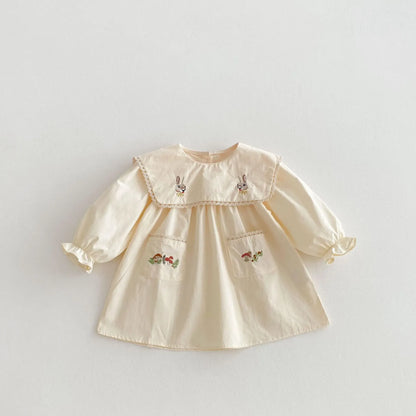 長袖ワンピース Apricot / 80cm 12M キッズワンピース うさぎバニーきのこ刺繍ビッグ襟長袖ワンピース【mh0008813】