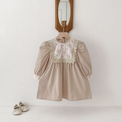 長袖ワンピース Apricot / 80cm レースフリルフラワー長袖パフスリーブワンピース【mh0009249】
