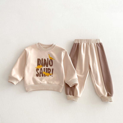長袖セットアップ Apricot / 80cm ダイナソープリントスウェットセットアップ 長袖スウェットシャツ+パッチワークスウェットパンツ【mh0009265】