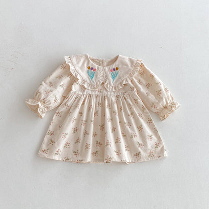 長袖ワンピース Apricot / 80cm フラワー刺繍襟長袖ワンピース【mh0010652】