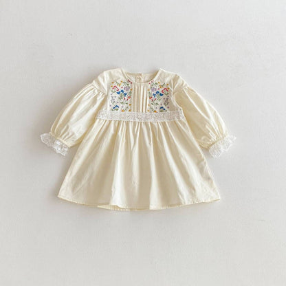 長袖ワンピース Apricot / 80cm 長袖ワンピース 膝丈 花柄刺繍 レース切替 ギャザー パフスリーブ プリンセス【mh0011383】