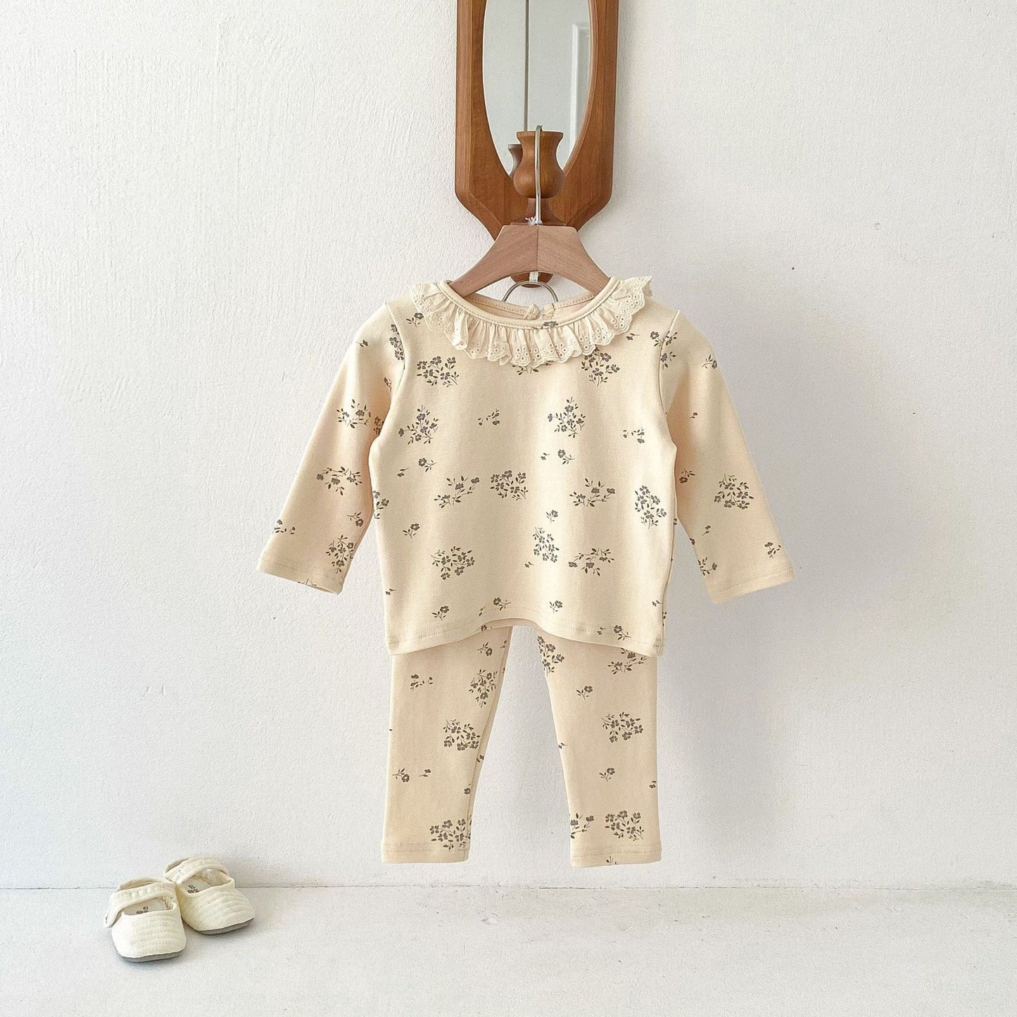 長袖パジャマ Apricot / 80cm 長袖パジャマセット フラワープリント長袖Tシャツ+ロングパンツ【mh0009262】