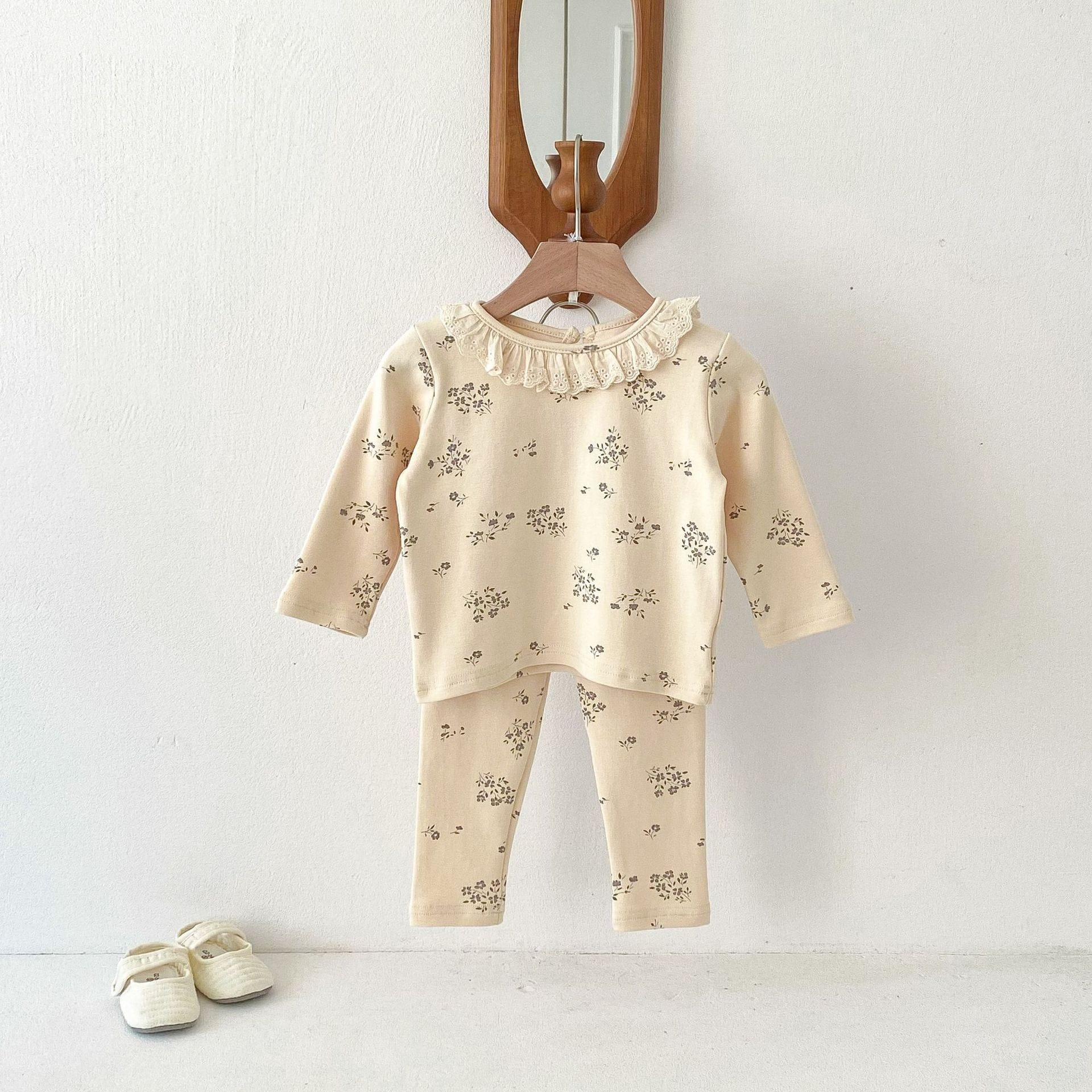 長袖パジャマ Apricot / 80cm 長袖パジャマセット フラワープリント長袖Tシャツ+ロングパンツ【mh0009262】