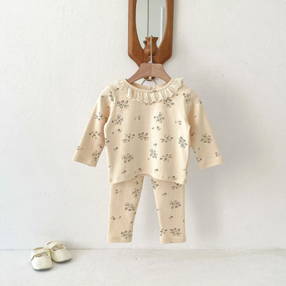 長袖パジャマ Apricot / 80cm 長袖パジャマセット フラワープリント長袖Tシャツ+ロングパンツ【mh0009262】