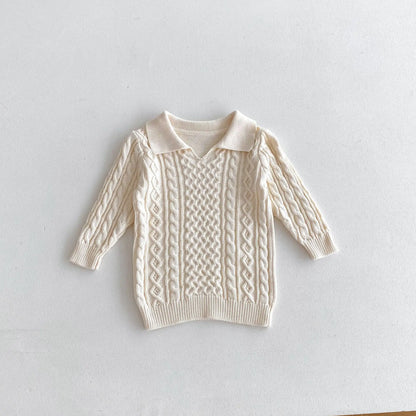 長袖ワンピース Beige / 12M  80CM キッズトップス 襟付ケーブル編みニットロングトップスワンピース 2カラー【mh0006979】