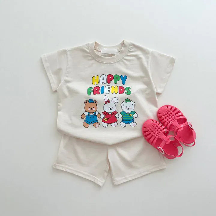 半袖セットアップ Beige / 12M  80CM ベビーセットアップ 2点セット 半袖プリントTシャツ+ショートパンツ くまうさぎ 3カラー【mh0006307】