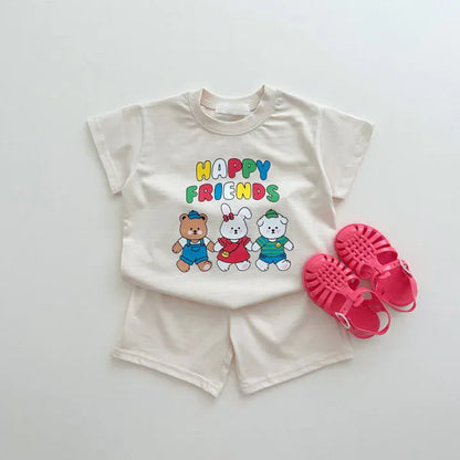 半袖セットアップ Beige / 12M  80CM ベビーセットアップ 2点セット 半袖プリントTシャツ+ショートパンツ くまうさぎ 3カラー【mh0006307】