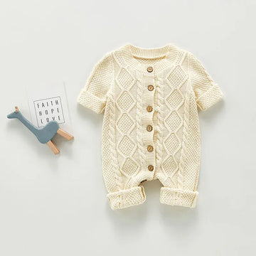長袖ロンパース Beige / 3-6M 66cm ベビーロンパース ニット ケーブル編み 長袖ジャンプスーツ アランニット ベージュ【mh0006230】