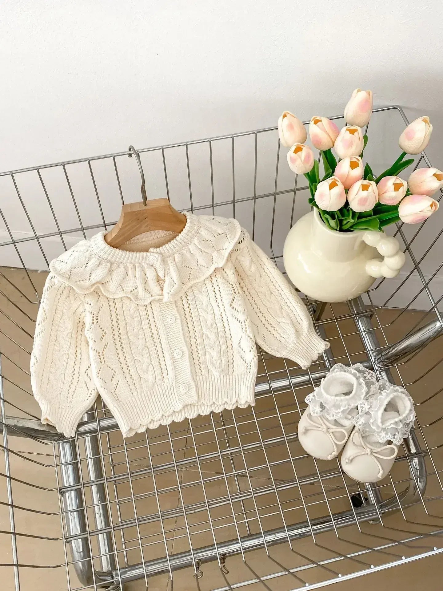 カーディガン・パーカー Beige / 66cm ベビーカーディガン フリル襟レースニットジャケット 2カラー【mh0007119】