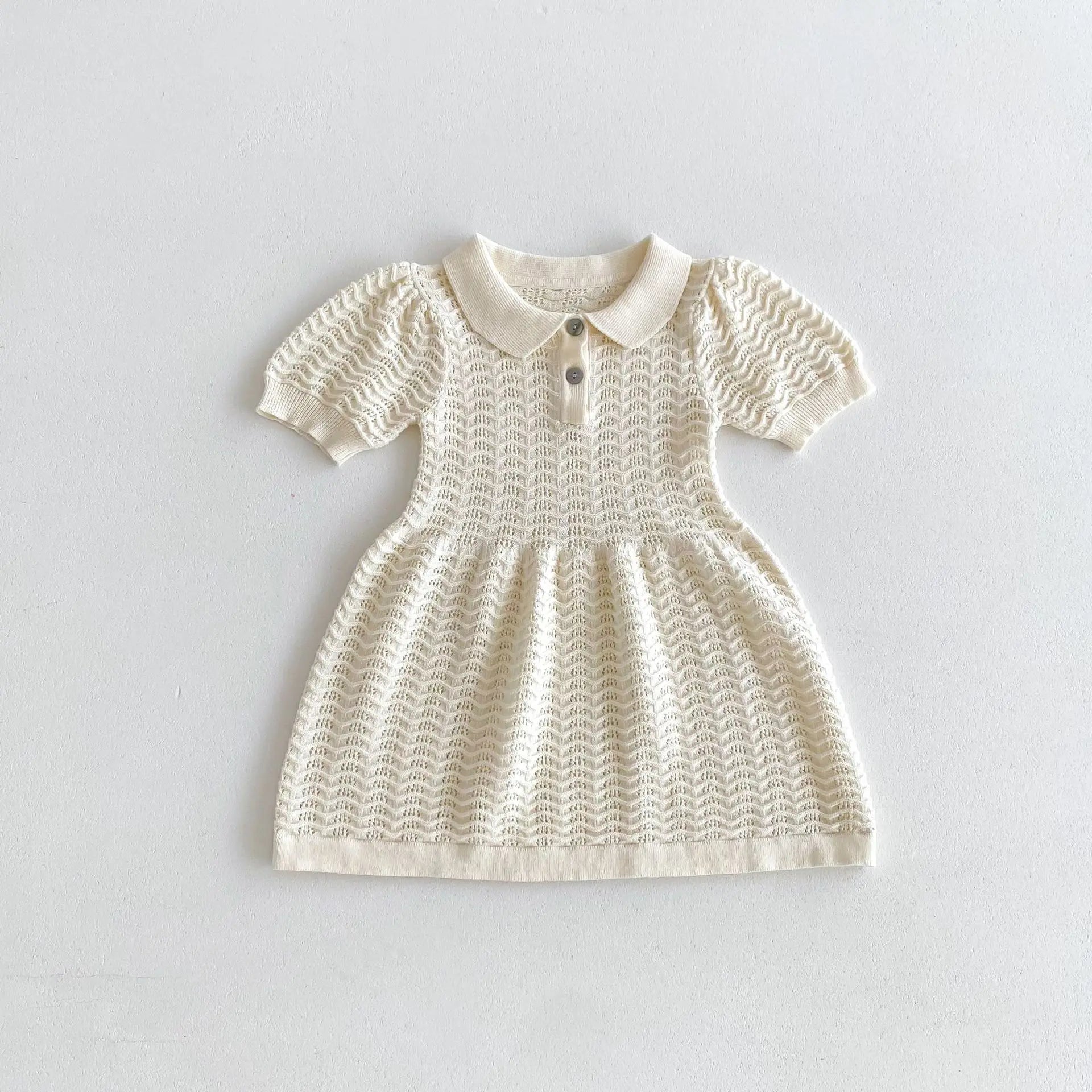 半袖ワンピース Beige / 73cm 6-9M ベビーキッズワンピース サマーニット 半袖ポロシャツワンピース 2カラー【mh0005286】