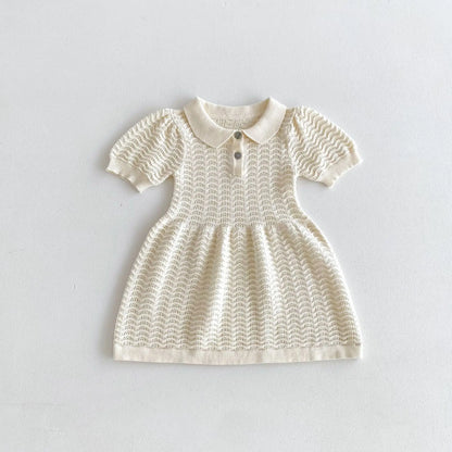 半袖ワンピース Beige / 73cm 6-9M ベビーキッズワンピース サマーニット 半袖ポロシャツワンピース 2カラー【mh0005286】