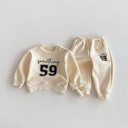 長袖セットアップ Beige / 80cm 長袖スウェットトレーナー+スウェットパンツ セットアップ 2点セット 裏起毛厚手 暖か 防寒 ロゴプリント カジュアル 韓国風【mh0011374】