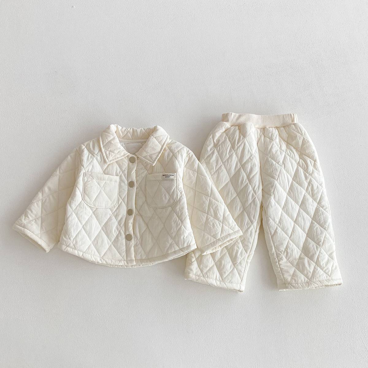 長袖セットアップ Beige / 80cm 長袖キルティングジャケット+パンツ セットアップ 2点セット 防寒 中綿ダイヤ柄【mh0011387】