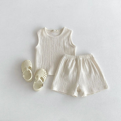 ノースリーブセットアップ Beige / 80cm 9-12M キッズセットアップ 2点セット タンクトップ+ショートパンツ シンプルベーシック 2カラー【mh0005251】