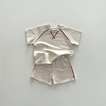 半袖セットアップ Beige / 80cm 9-12M キッズセットアップ 2点セット ステッチ半袖Tシャツ+ショートパンツ 2カラー【mh0005375】
