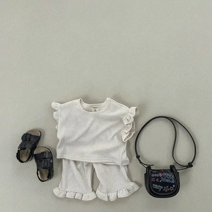 半袖セットアップ Beige / 80cm 9-12M キッズセットアップ 2点セット フリルスリーブTシャツ+裾フリルルーズロングパンツ 4カラー【mh0005388】