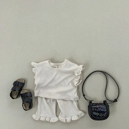 半袖セットアップ Beige / 80cm 9-12M キッズセットアップ 2点セット フリルスリーブTシャツ+裾フリルルーズロングパンツ 4カラー【mh0005388】