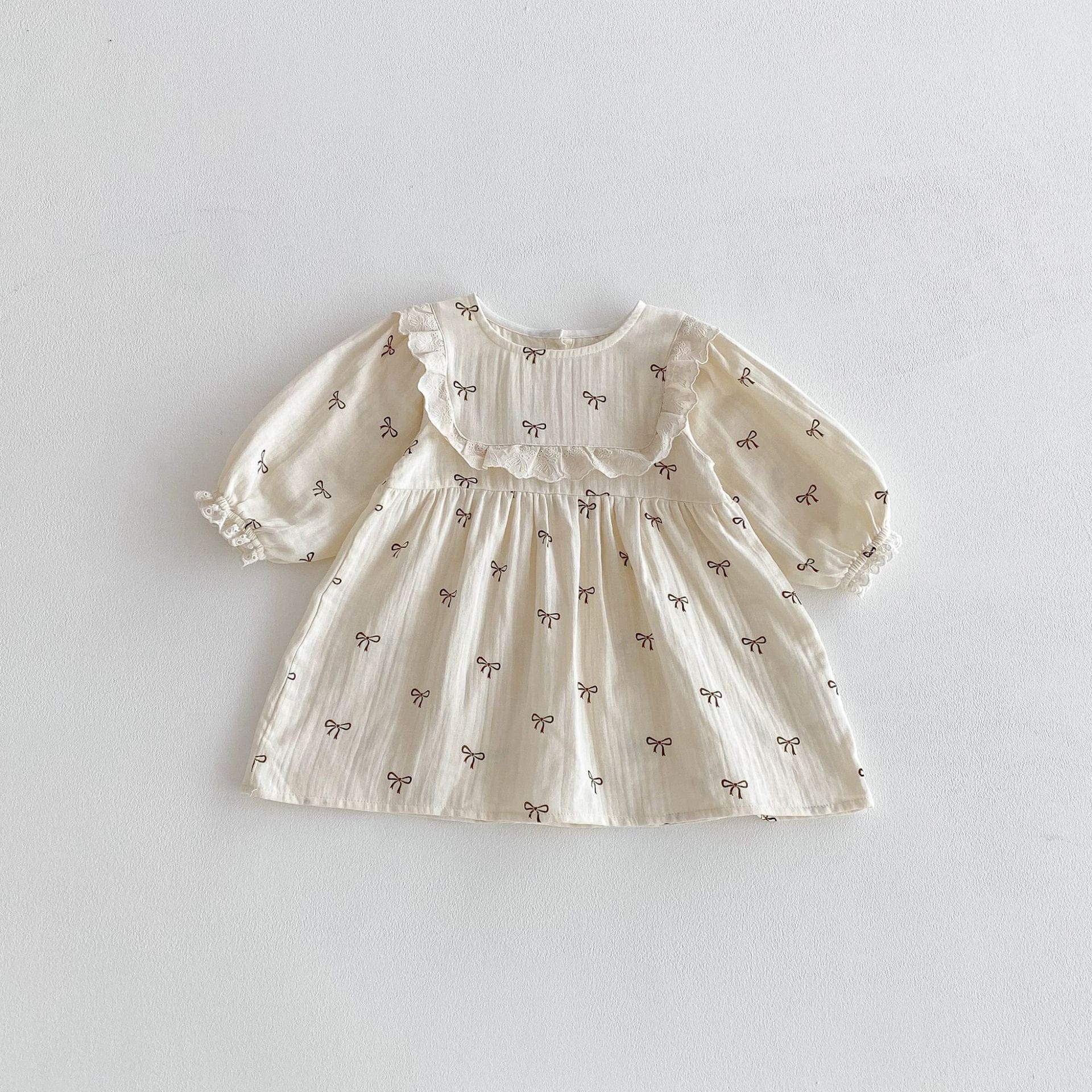 長袖ワンピース Beige / 80cm リボンフリル長袖ワンピース【mh0010649】