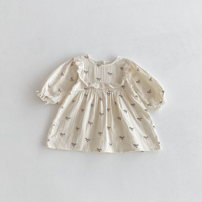 長袖ワンピース Beige / 80cm リボンフリル長袖ワンピース【mh0010649】