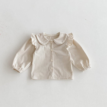 長袖セットアップ Beige / 80cm フロントリボンノースリーブワンピース/丸襟フリルショルダー長袖ブラウス【mh0010670】