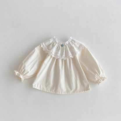 長袖シャツ・ブラウス Beige / 80cm 長袖ブラウス 綿素材 レースフリル ダブル襟 ギャザー ベルスリーブ風【mh0011392】