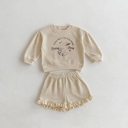 長袖セットアップ Beige Apricot / 12M  80CM キッズセットアップ 2点セット ワッフル 長袖Tシャツ+フリルショートパンツ うさぎプリント 2カラー【mh0006377】