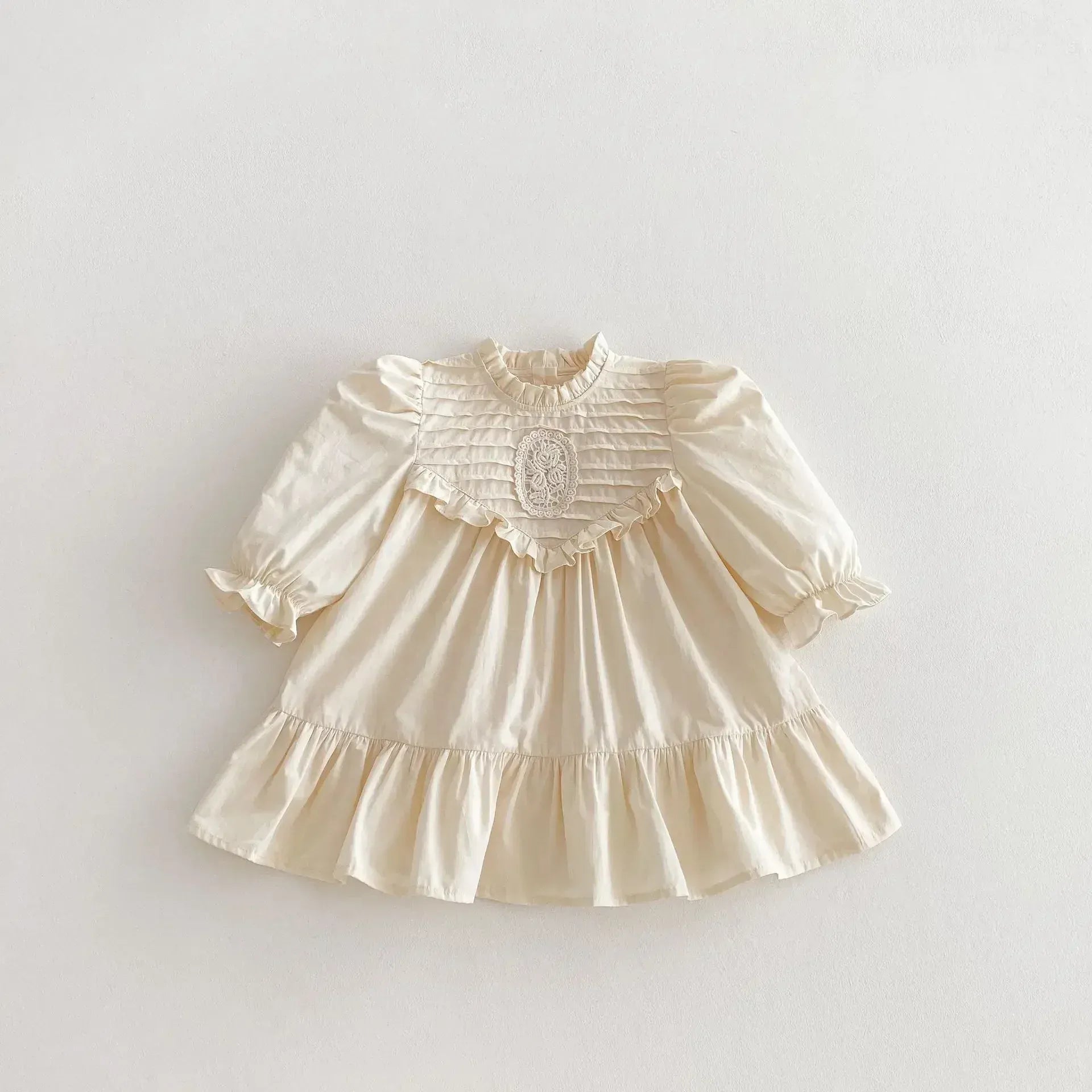 長袖ワンピース Beige Apricot / 12M  80CM キッズワンピース 刺繍フリル長袖パフスリーブドレスワンピース【mh0008961】