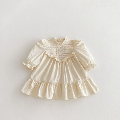 長袖ワンピース Beige Apricot / 12M  80CM キッズワンピース 刺繍フリル長袖パフスリーブドレスワンピース【mh0008961】