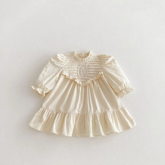 長袖ワンピース Beige Apricot / 12M  80CM キッズワンピース 刺繍フリル長袖パフスリーブドレスワンピース【mh0008961】