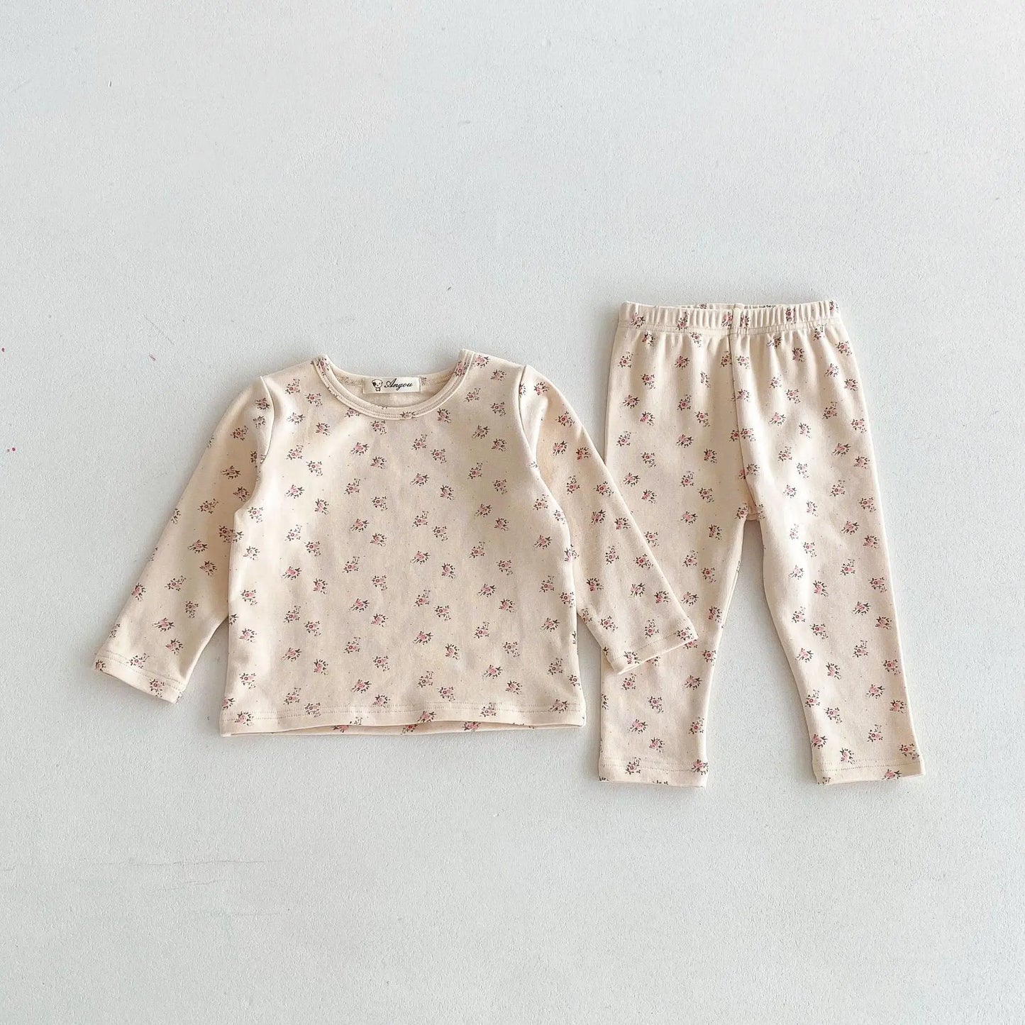 長袖セットアップ Beige Apricot / 12M  80CM キッズパジャマセット フラワー小花柄プリント長袖Tシャツ+ロングパンツ 2カラー【mh0006974】