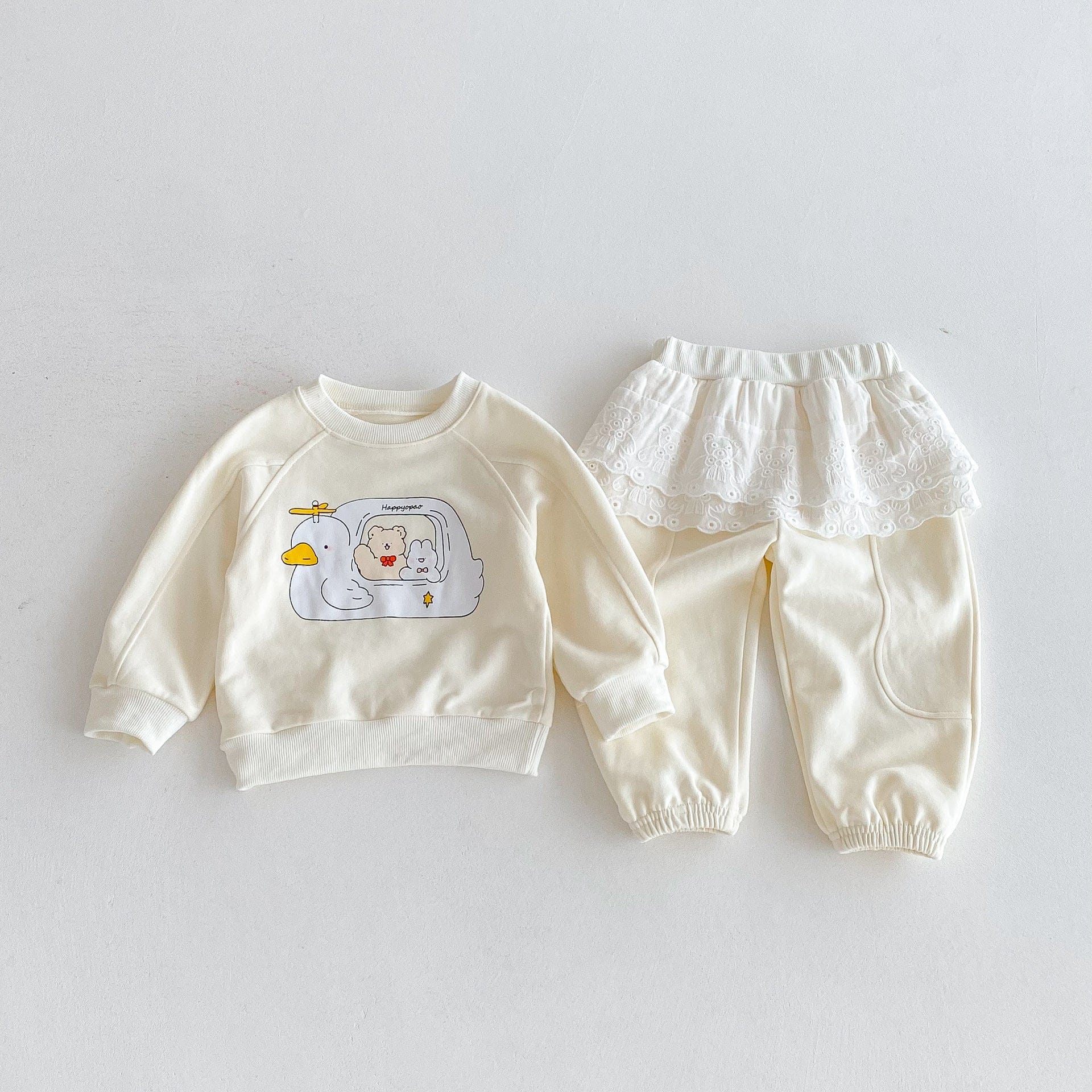 長袖セットアップ Beige White / 80cm プリント長袖スウェットシャツ+レースフリルスウェットパンツセットアップ 2点セット【mh0010650】