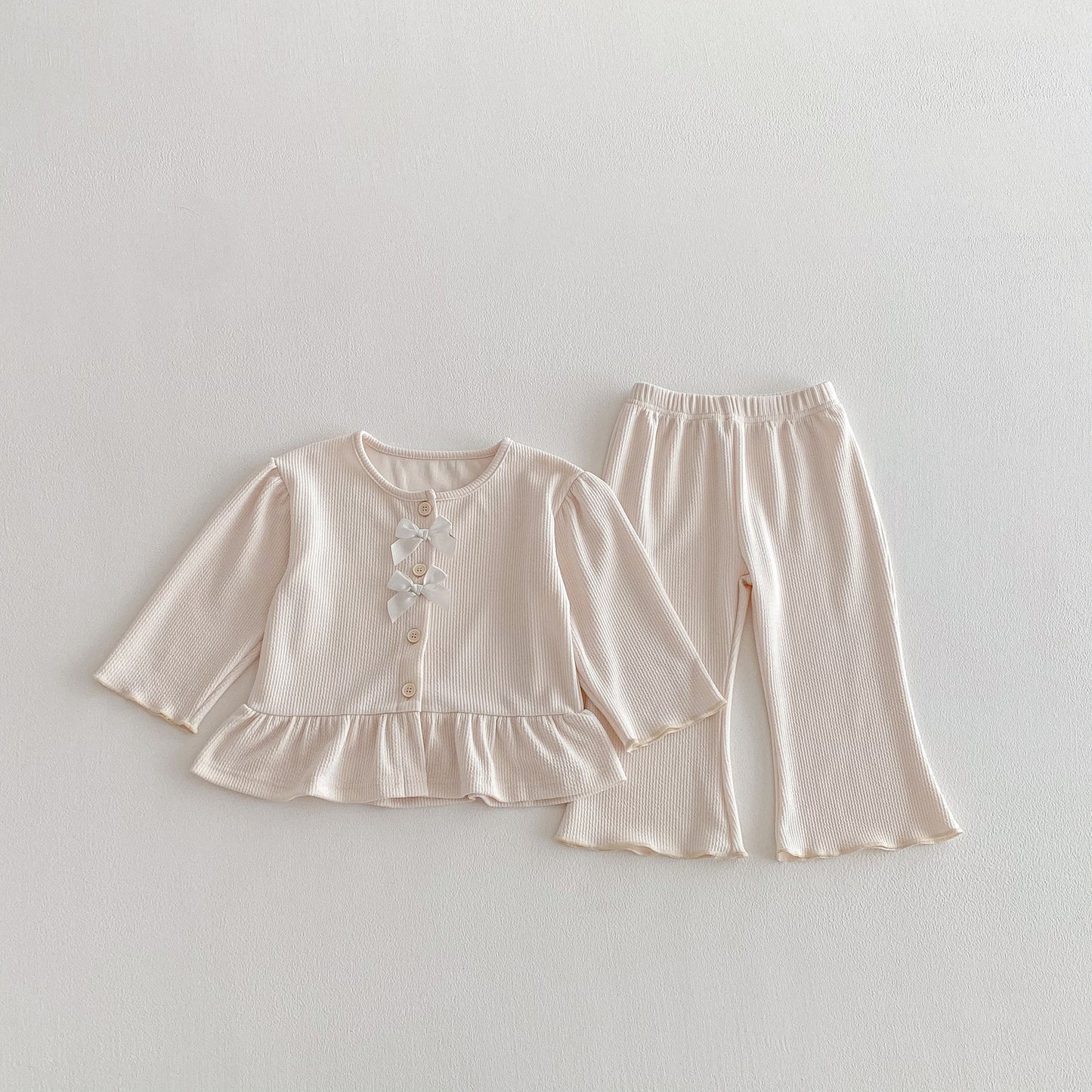 長袖セットアップ Beige White / 80cm Bow Cardigan Long Sleeve Top Set リボン カーディガン セットアップ【mh0011965】