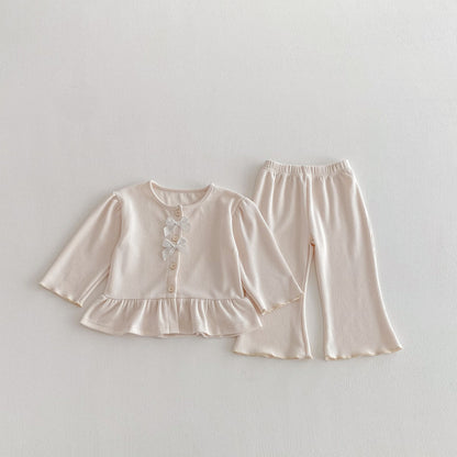 長袖セットアップ Beige White / 80cm Bow Cardigan Long Sleeve Top Set リボン カーディガン セットアップ【mh0011965】