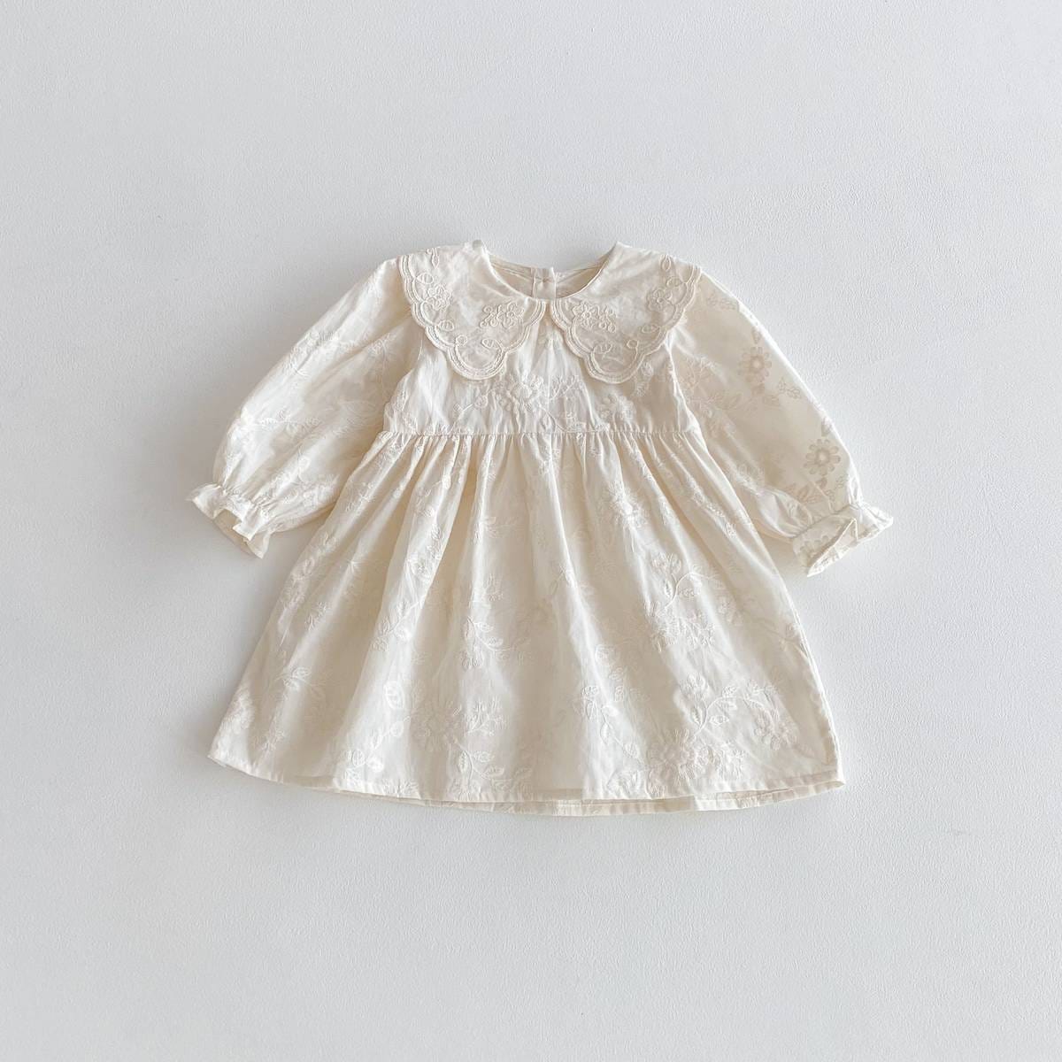 長袖ワンピース Beige White / 80cm 長袖ワンピース 膝丈 花柄ジャガード 丸襟 レース刺繍 ギャザー プリンセス【mh0011384】