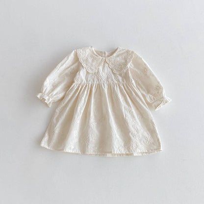 長袖ワンピース Beige White / 80cm 長袖ワンピース 膝丈 花柄ジャガード 丸襟 レース刺繍 ギャザー プリンセス【mh0011384】