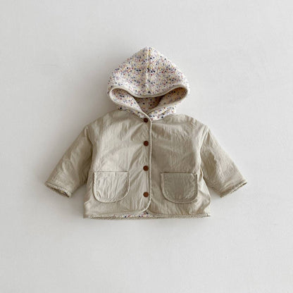 ショートコート・ジャケット・ジャンパー Beige White / 80cm 中綿ジャケット リバーシブル ボア裏地 フード付き ゆったり あったか アウター【mh0011396】