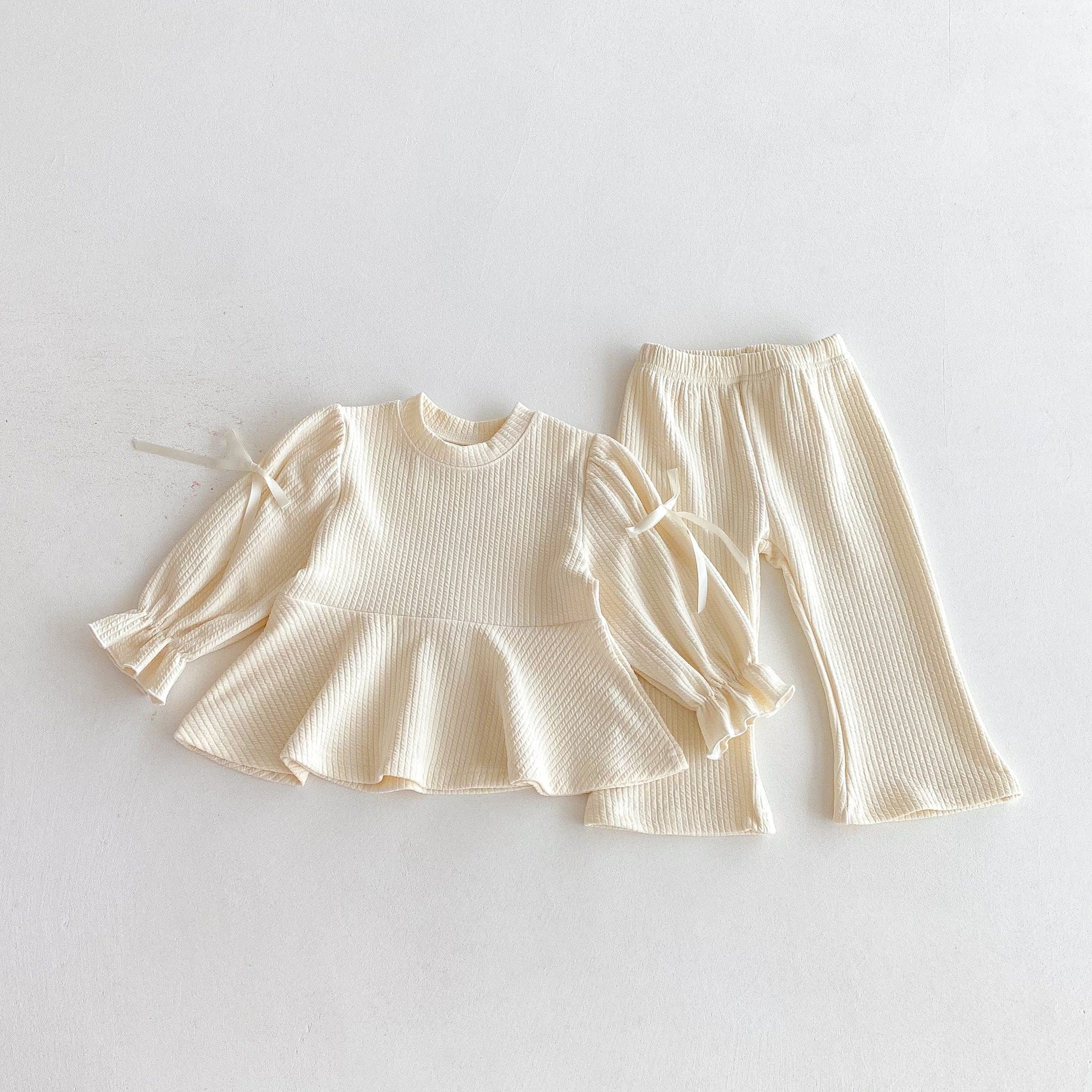 長袖セットアップ Beige White / 80cm リボンフリル長袖チュニックTシャツ+フレアパンツセットアップ 2点セット【mh0010658】