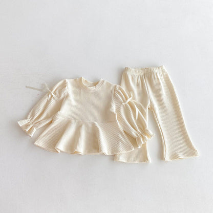 長袖セットアップ Beige White / 80cm リボンフリル長袖チュニックTシャツ+フレアパンツセットアップ 2点セット【mh0010658】