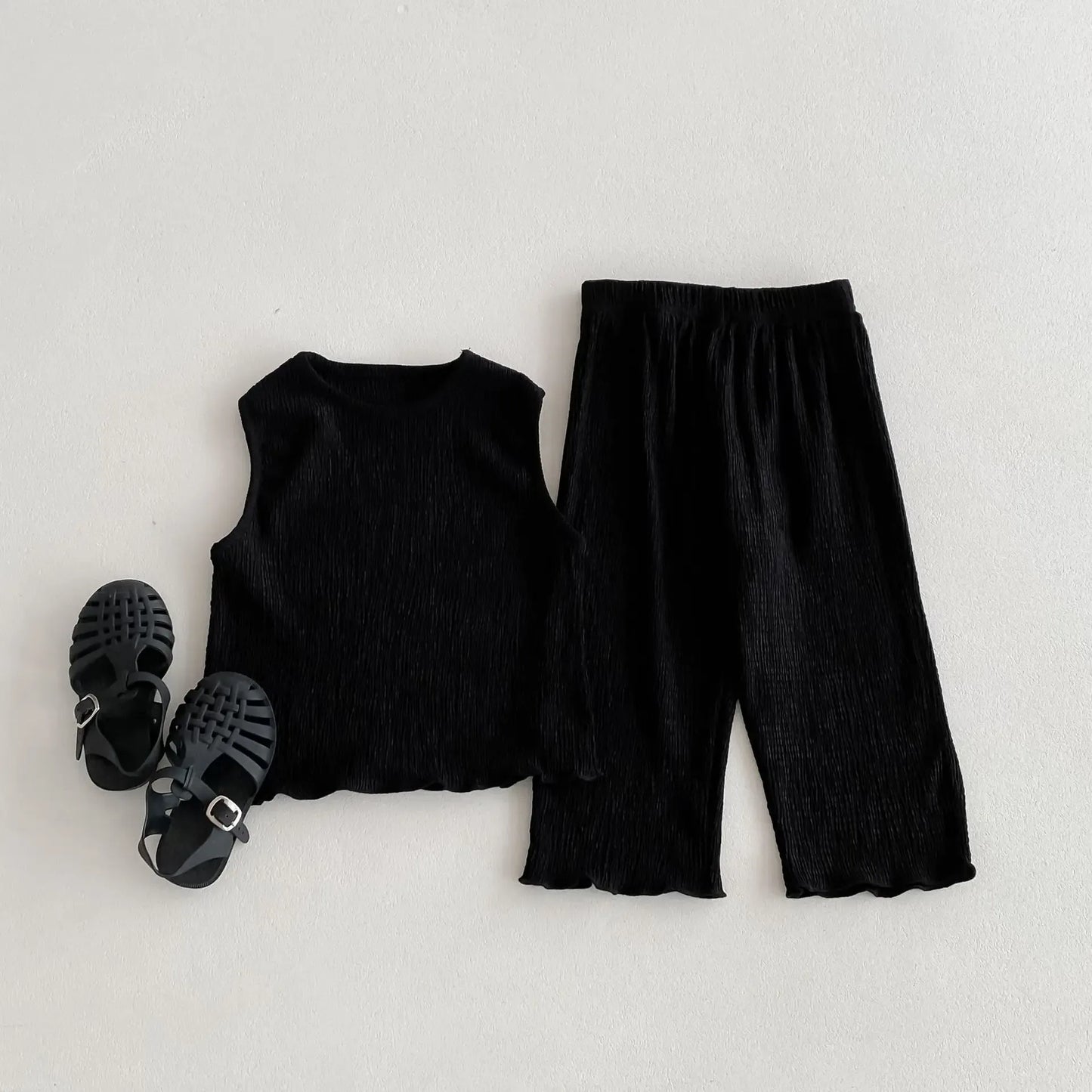 ノースリーブセットアップ Black / 12M  80CM キッズセットアップ 2点セット ノースリーブシャツ+ワイドルーズロングパンツ 無地 3カラー【mh0005573】