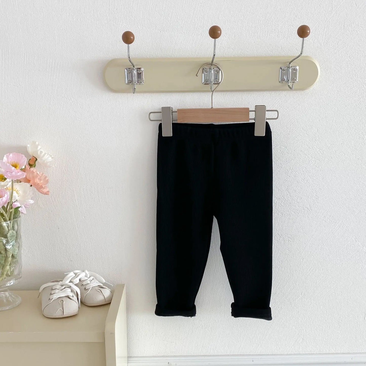 レギンスパンツ Black / 12M  80CM キッズパンツ ボーダー柄裏フリース厚手シンプルレギンスパンツ【mh0008090】