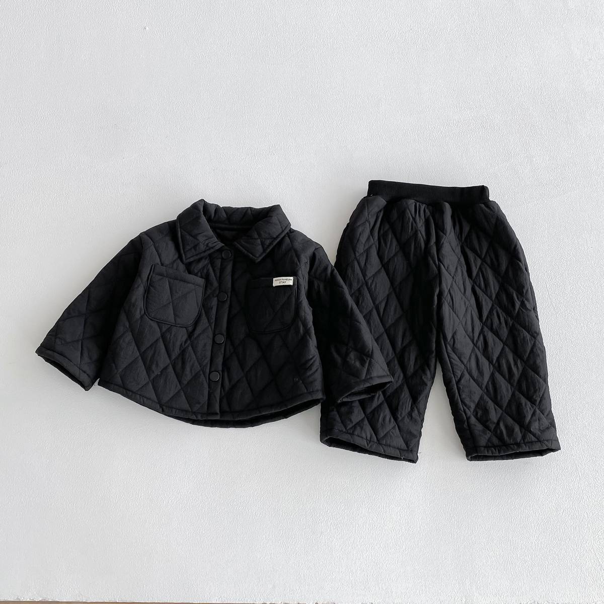 長袖セットアップ Black / 80cm 長袖キルティングジャケット+パンツ セットアップ 2点セット 防寒 中綿ダイヤ柄【mh0011387】