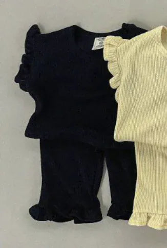 半袖セットアップ Black / 80cm 9-12M キッズセットアップ 2点セット フリルスリーブTシャツ+裾フリルルーズロングパンツ 4カラー【mh0005388】