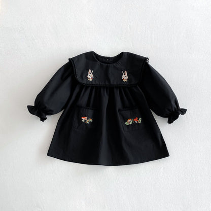 長袖ワンピース Black / 80cm うさぎきのこ刺繍長袖ワンピース【mh0010655】