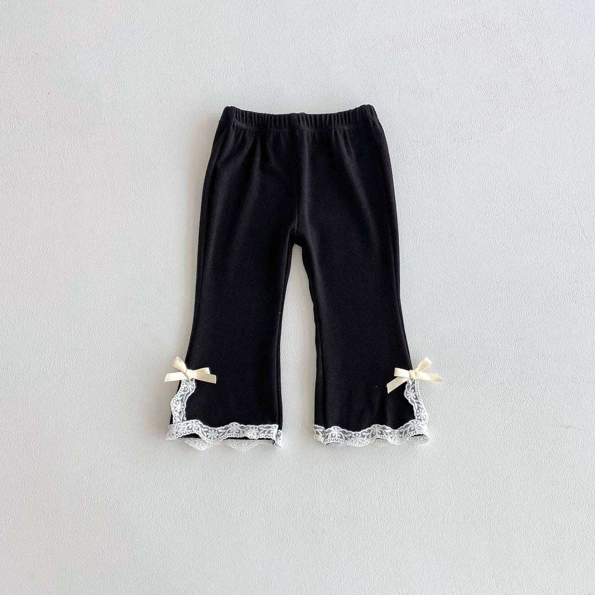レギンスパンツ Black / 80cm レギンスパンツ リブ生地 裾レースフリル スリットリボン フレア【mh0011393】