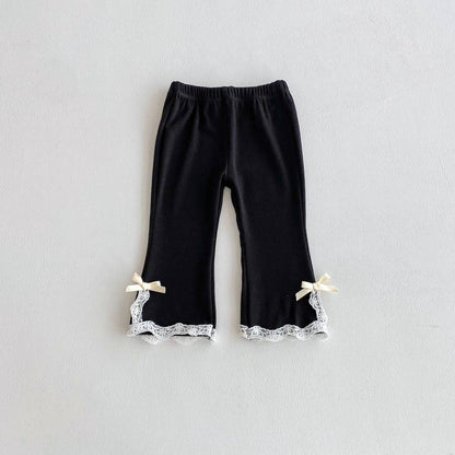 レギンスパンツ Black / 80cm レギンスパンツ リブ生地 裾レースフリル スリットリボン フレア【mh0011393】